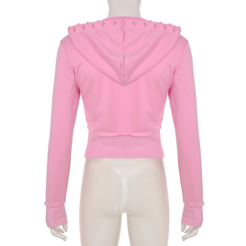 Ropa de mujer Otoño e invierno Conjunto de sudadera con capucha y pantalón de chándal de punto acampanado con cinturilla en contraste y chaqueta con empalme de calle_voghion.com