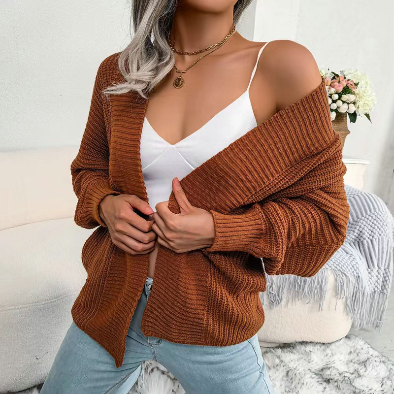 Women's casual bat long-sleeved loose cardigan sweater sweater jacket small shirt_voghion.com