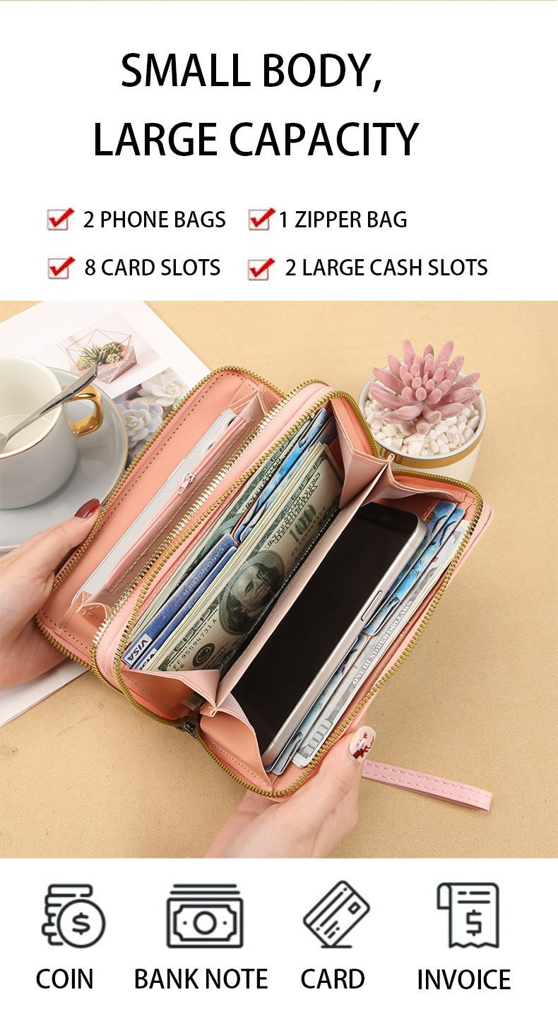 New style ladies double pull wallet color matching clutch bag card holder summer versatile fashion coin purse female mobile phone bag large capacity_voghion.com