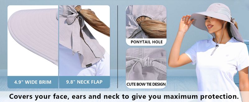 Cappello da pescatore a tesa larga con protezione UV da donna, con foro per coda di cavallo, per spiaggia, escursionismo e campeggio_voghion.com
