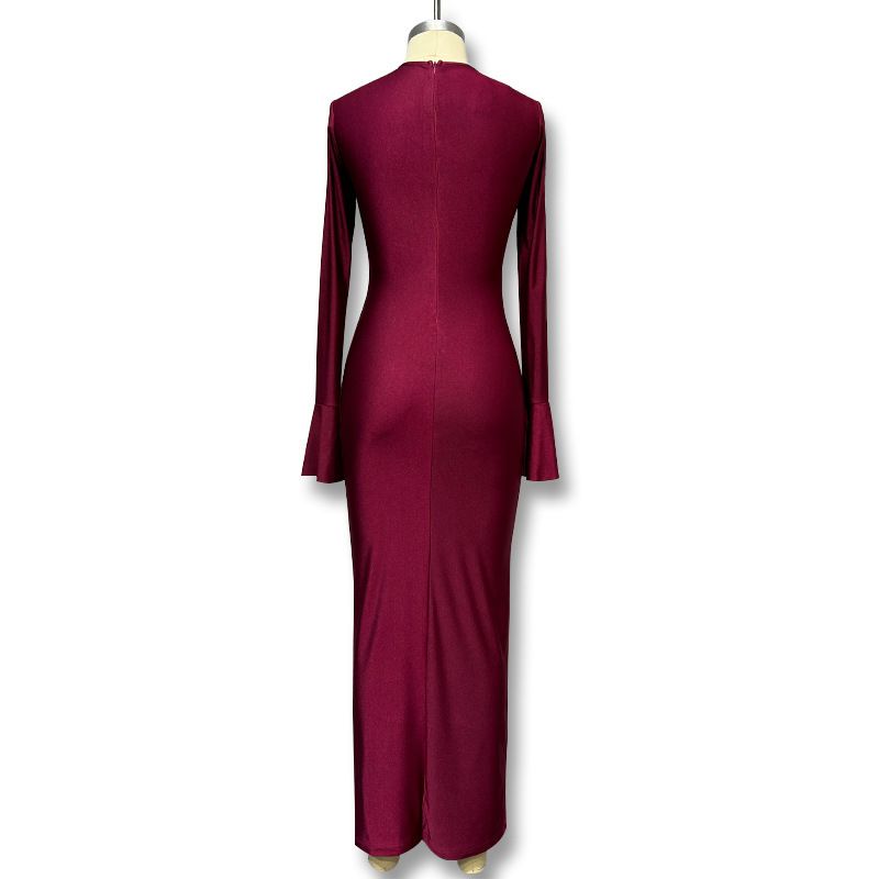 Women's Clothing Flared Sleeve Bodycon Dress - Elegant High Waist Ruffle Midi Dress With Round Neck_voghion.com