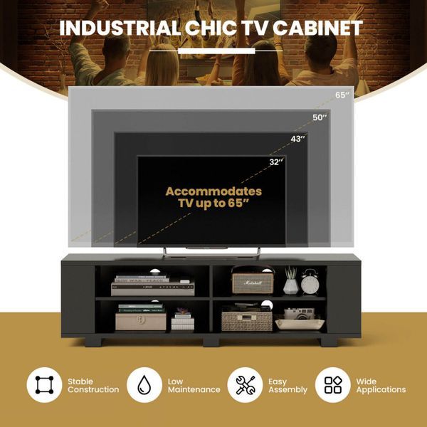 Wooden TV Stand With 8 Open Shelves For TVs Up To 65 Inch Flat Screen_voghion.com