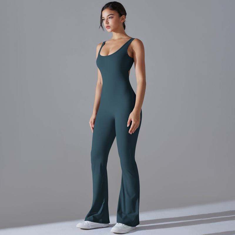 Neuer, einfarbiger, hüfthebender, langer, schmal geschnittener Jumpsuit mit weitem Bein für Sport, Laufen, Fitness und Yoga_voghion.com