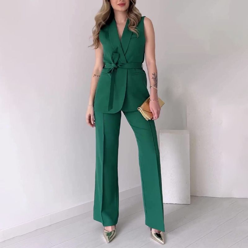 Conjunto de terno feminino de verão sem mangas, decote em V, colete com cintura alta, calças retas, roupa de rua da moda para uso casual e de escritório_voghion.com