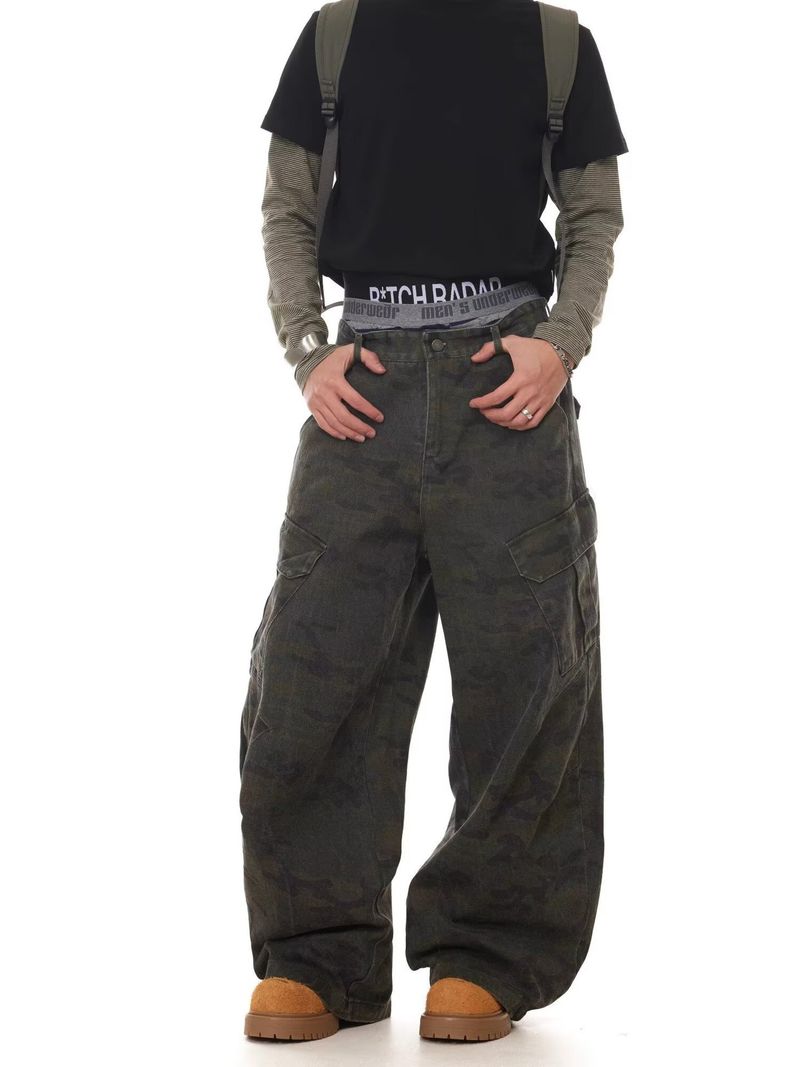 Men's Retro Camo Cargo Jeans - Military-Inspired Baggy Pants With Multi-Pockets, Straight Cut & Distressed Wash_voghion.com