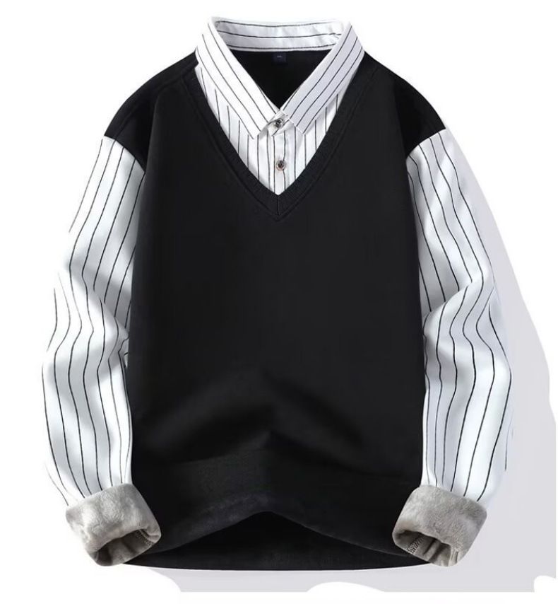 Men's Fleece Autumn Winter Thickened Shirt Collar Simple Casual Striped Two-Piece Knitted Sweater_voghion.com