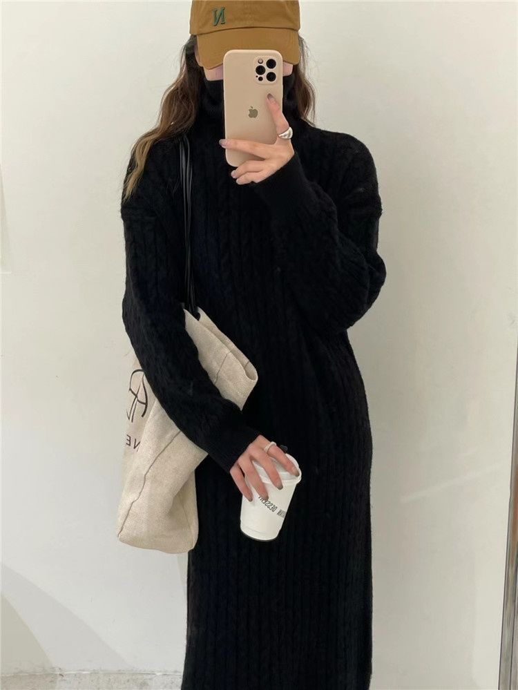 Maglione lungo sopra il ginocchio alla moda, stile coreano, con collo alto e trecce, per donna_voghion.com
