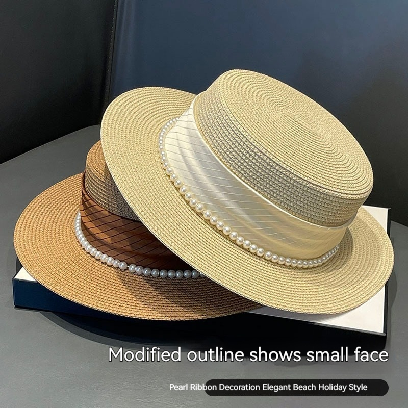 French socialite style flat top children 2024 new elegant pearl grass woven seaside sun protection and sunshade hat for_voghion.com