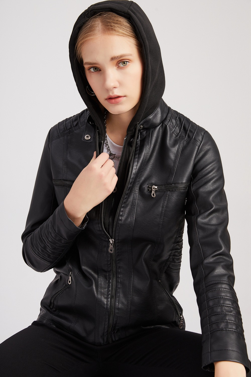 Giacca in pelle con cappuccio da donna, set da due pezzi, staccabile, di grandi dimensioni, in pelle PU lavata da donna_voghion.com