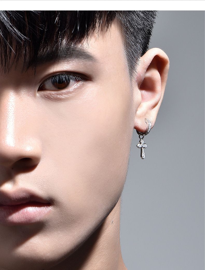 Men's Jewelry 925 Silver Needle One Pair Of Diamond Earrings With Trendy Personality Single Cross Earrings_voghion.com