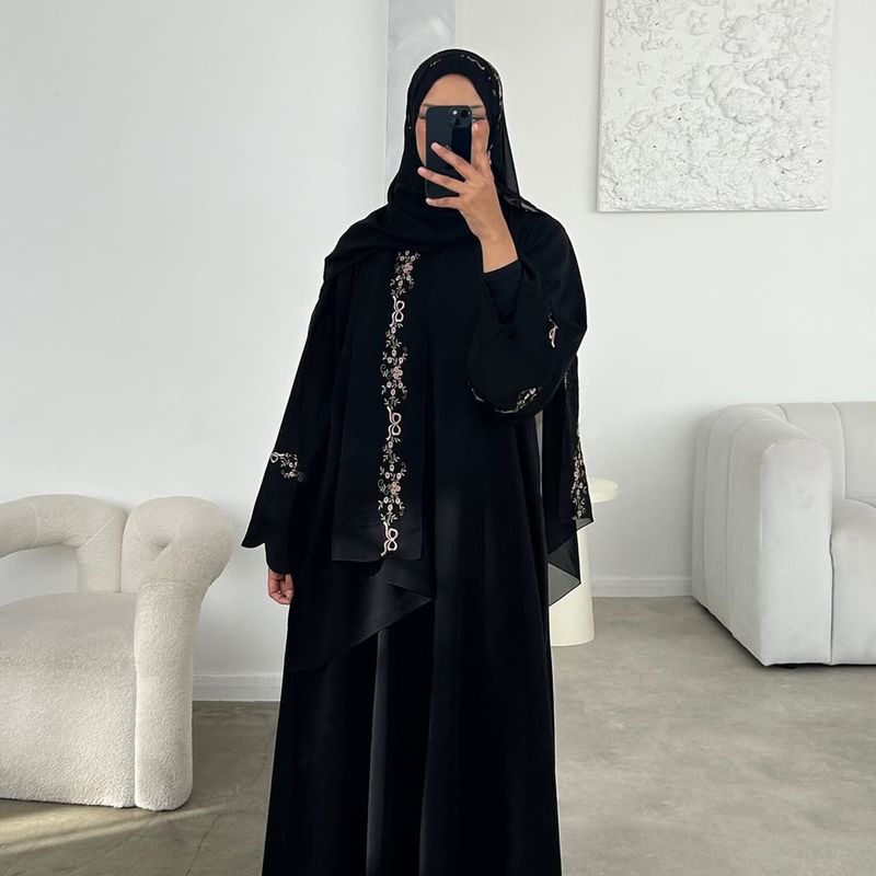 Loriya Floral Embroidered Open Front Cardigan With Scarf Option - Soft Viscose Fabric, Elegant Long Sleeve Design For Women_voghion.com