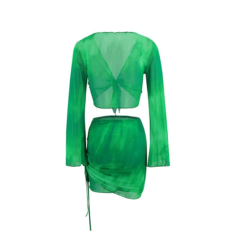 Sexy Two Piece Set Blue Tie Dye Mesh Crop Top Cardigan Mini Skirts Beach Wear Vacation Outfits Summer_voghion.com