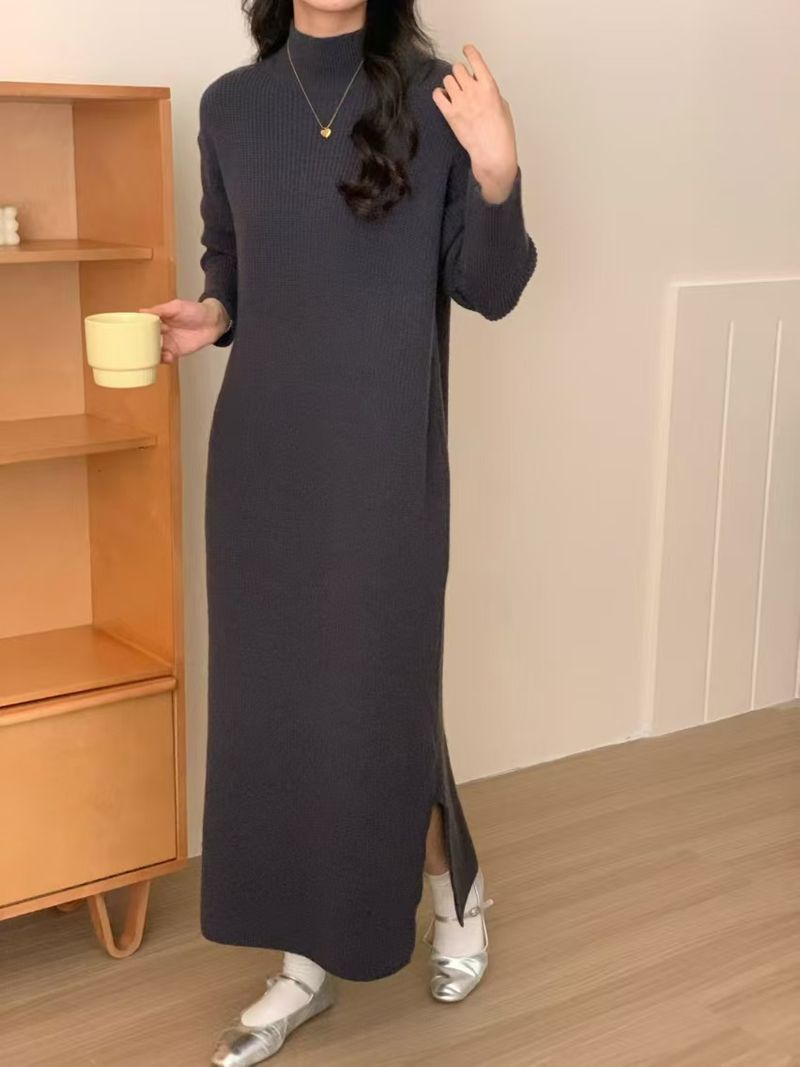 K Women's Half-turtleneck Sweater Dress; Loose, Thickened, Knee-length, To Be Worn Under A Coat. No Bags Or Other Accessories_voghion.com