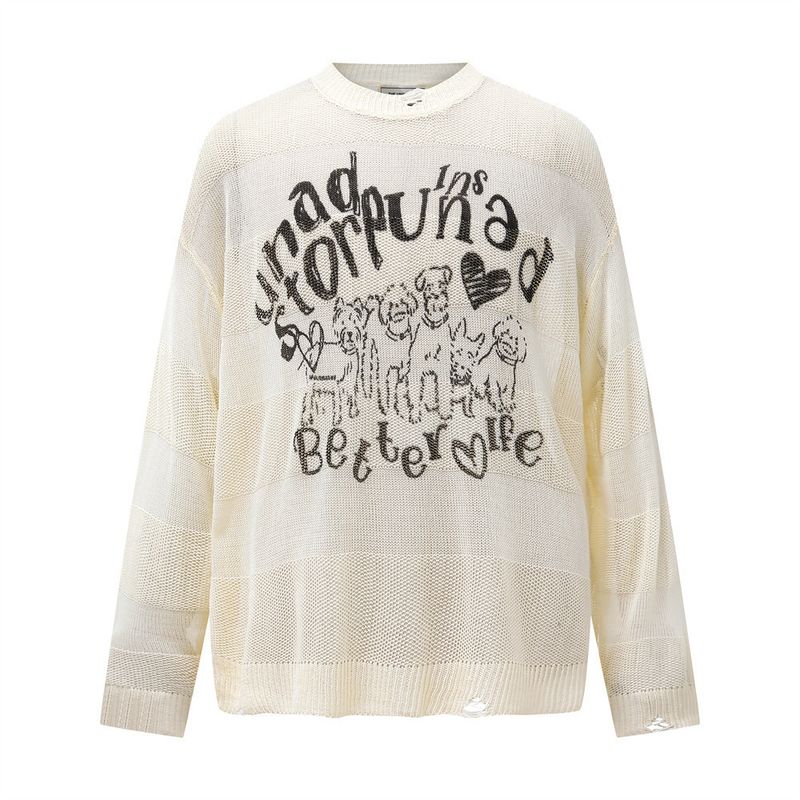 Dünner Strickpullover mit Buchstabendruck für Herren, Herbst, lässig, locker, amerikanischer Streetstyle, faul, Rundhalsausschnitt, langärmeliges Oberteil_voghion.com