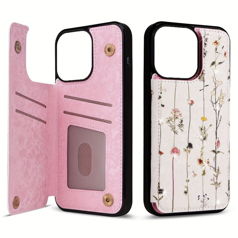 Floral Wallet Case for 15/14/13/12/11 Pro Max, XS Max, XR, SE, 8, 7, 6s Plus - Premium PU Leather Flip Folio with Card Holder, Kickstand, Card Slots,_voghion.com