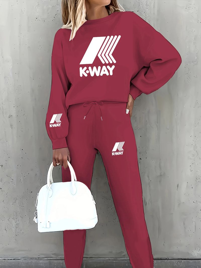 Tuta da donna stampata in due pezzi, con maglia a maniche lunghe e pantaloni con coulisse in vita, abbigliamento sportivo casual per primavera e autunno._voghion.com