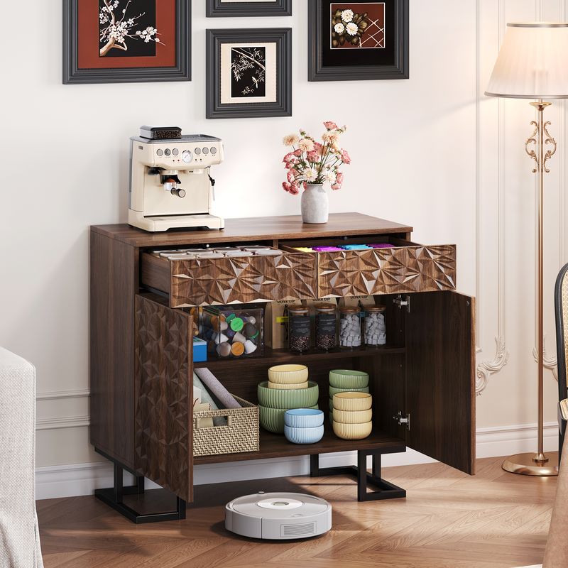 Credenza Kommode 80x78cm Walnussoptik Mit Blattrelief, 2 Schubladen & 2 Türen, Metallbeine_voghion.com