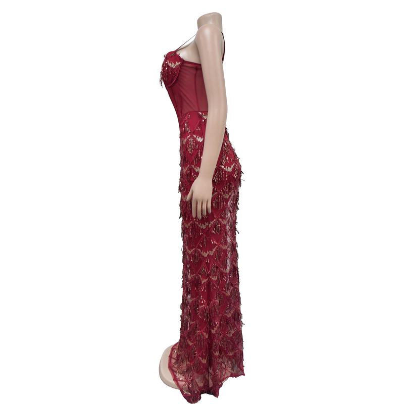 Women's Solid Color Sequin Sexy Suspender Long Skirt Dress_voghion.com