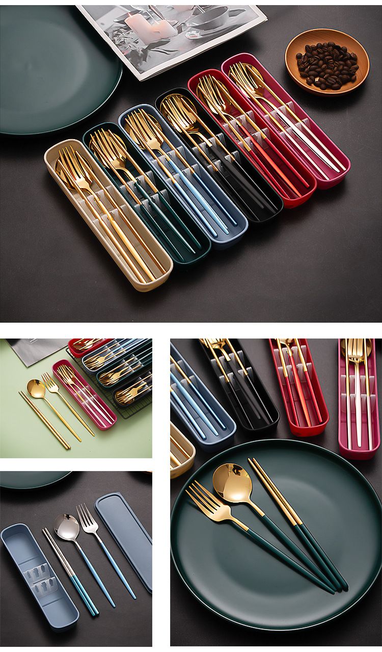 Ensemble de couverts de voyage en acier inoxydable : cuillère, fourchette et baguettes (3 pièces) pour étudiants, bureau et extérieur_voghion.com