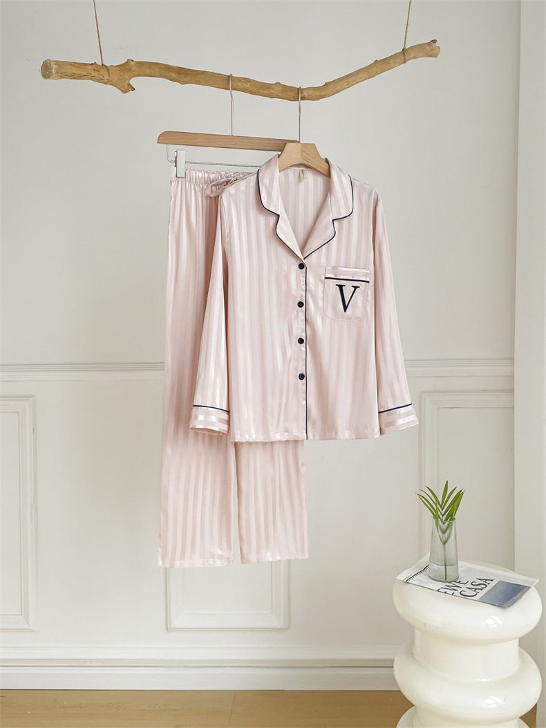 Women's Summer V-Neck Ice Silk Pajama Set – Long Sleeve & Pants, Soft & Breathable Loungewear (M-XL)_voghion.com