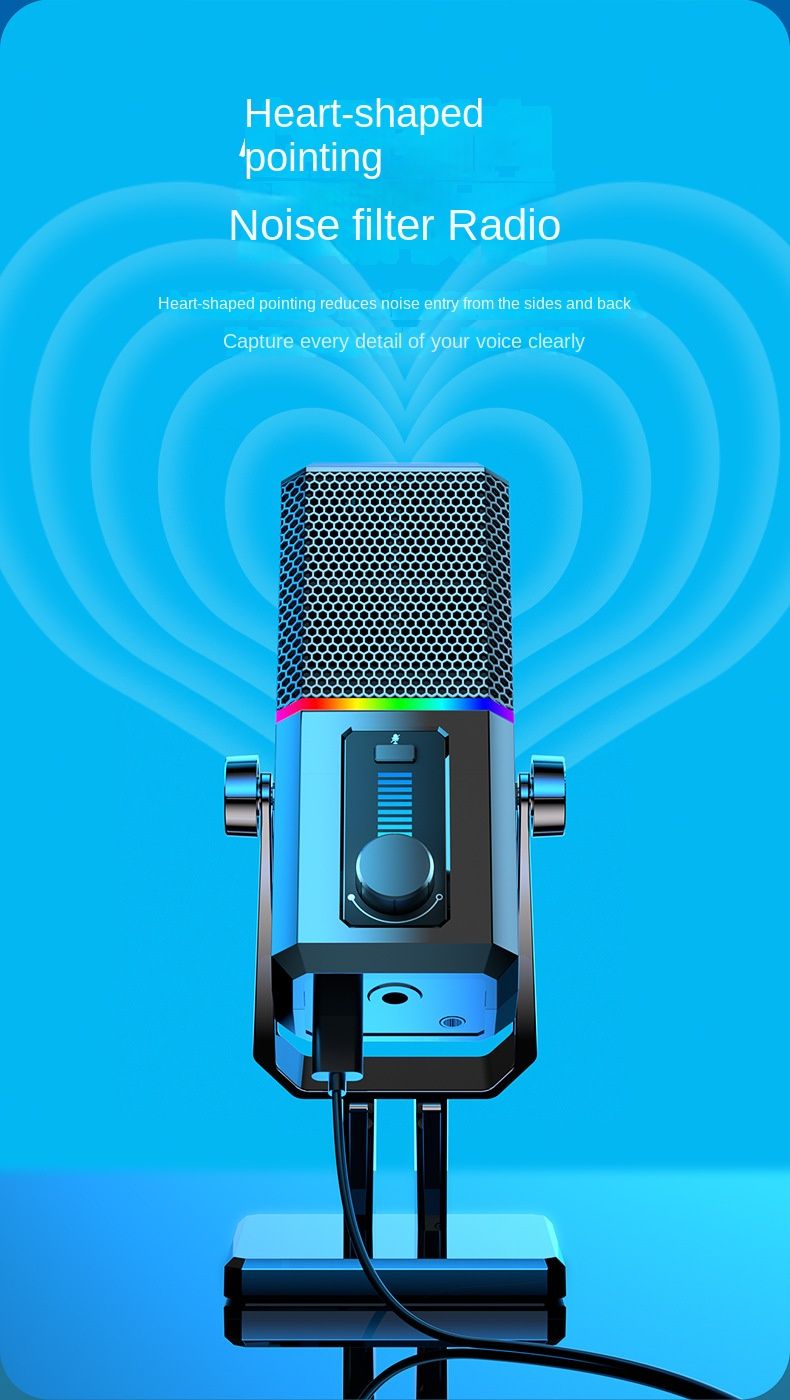【Bistveno za prenos v živo】Profesionalni USB mikrofon z odpravljanjem šumov, izklop zvoka z enim klikom, kardioidni vzorec zajemanja, RGB barvna lučka | Priklopi in igraj_voghion.com