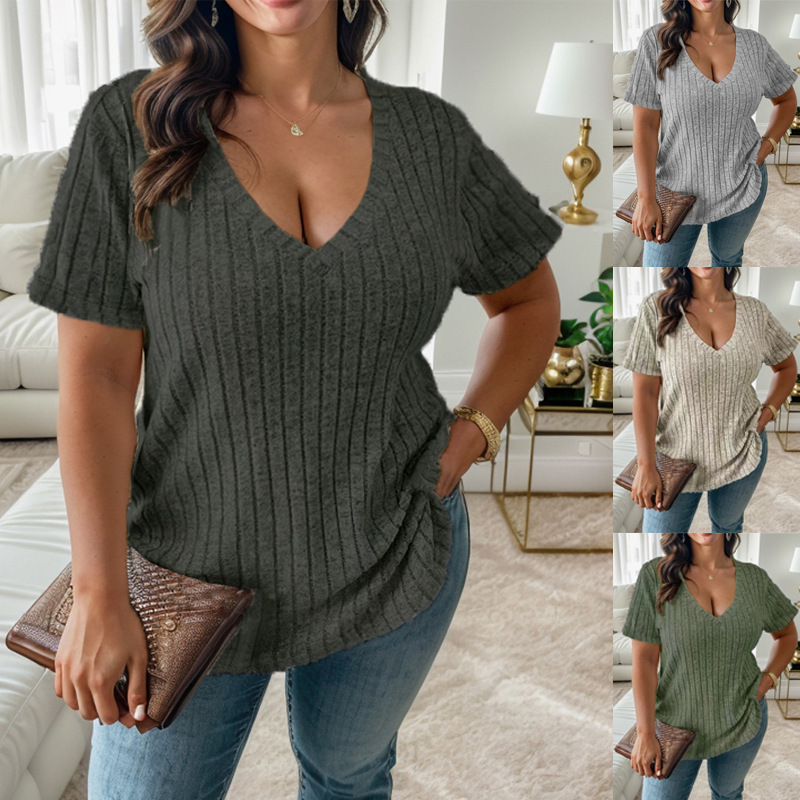 Damen neue Damen V-Ausschnitt Loose Pit Stripes gebürstet Kurzarm_voghion.com