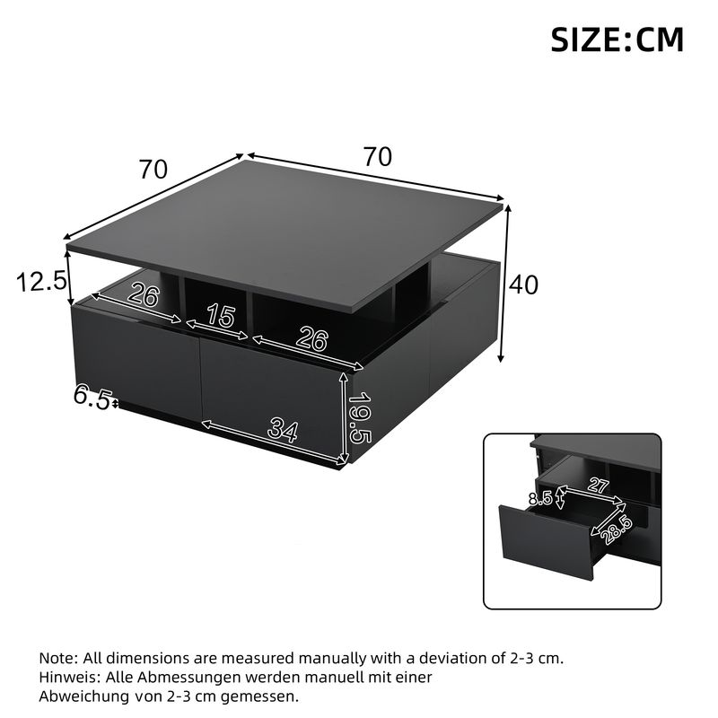 Table basse de salon noire brillante 70 x 70 x 40 cm avec éclairage LED, table d'appoint à 4 tiroirs, design géométrique, capacité de charge de 30 kg._voghion.com