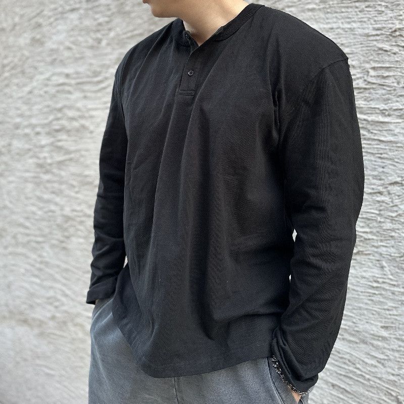 Unschlagbare Qualität, 300 Pfund, Übergröße, Tough Guy T-Shirt mit Henry-Kragen und langen Ärmeln, Herren-Unterhemd, Oberteil_voghion.com