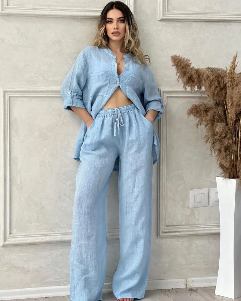 Dammekleeder Summer Neit Dammeset Grouss Gréisst Kotteng a Léngen Hemdset Héichtaille Loose Hosen_voghion.com