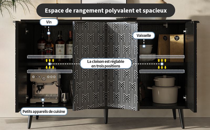 Esszimmerschrank Schwarz 120x78cm Mit Fischgrätenmuster, Geschnitzte Tür_voghion.com