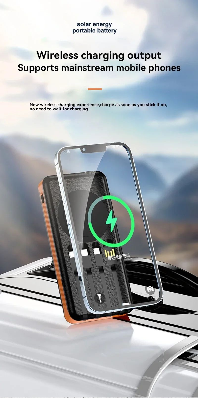 100000mAh Solar Bank Wireless Fast Charging Battery Large Capacity Mobile Power Dual USB 4 Cables For IPhone_voghion.com