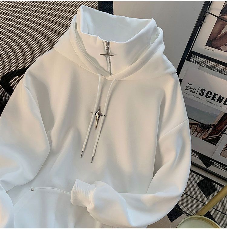 Herren-Kapuzenpullover mit hohem Kragen – Lässiges, übergroßes Sweatshirt im Streetwear-Vintage-Stil für Teenager und junge Erwachsene (Schwarz/Weiß)_voghion.com