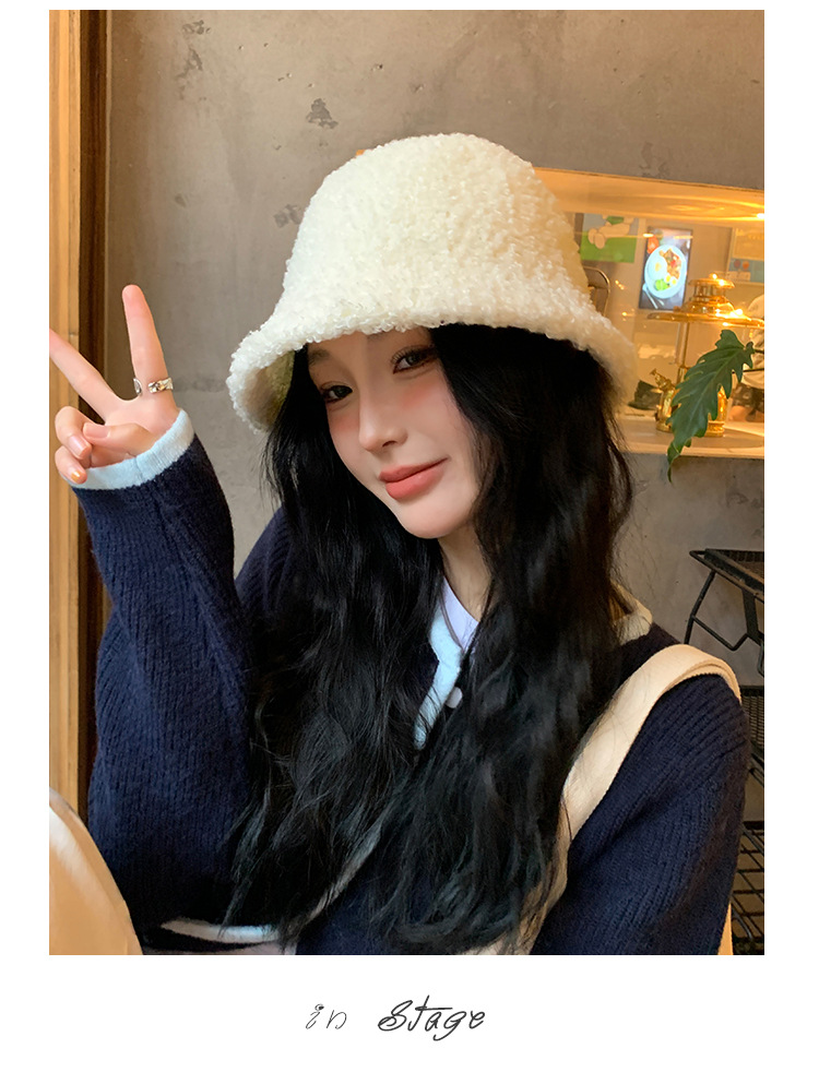 Herfst en winter Nieuwe Koreaanse pluche damesgezicht met kleine pothoed Outdoor Warme effen kleur Eenvoudige zoete emmerhoed_voghion.com