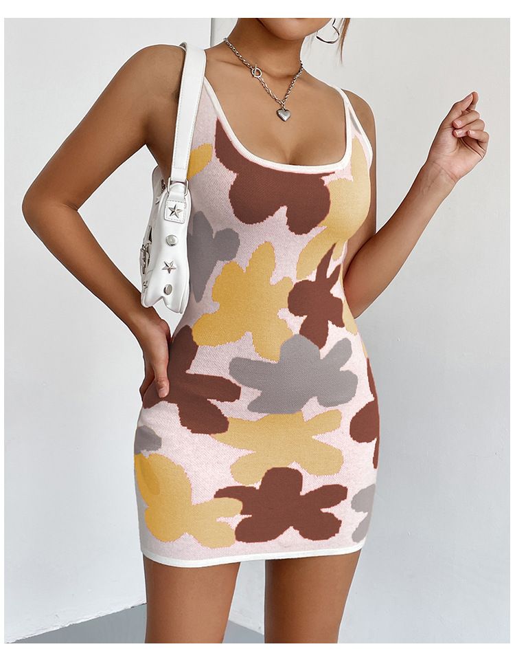Women's Clothing sexy tight vest skirt jacquard U-neck sleeveless knitted skirt mid-length knitted suspender skirt_voghion.com
