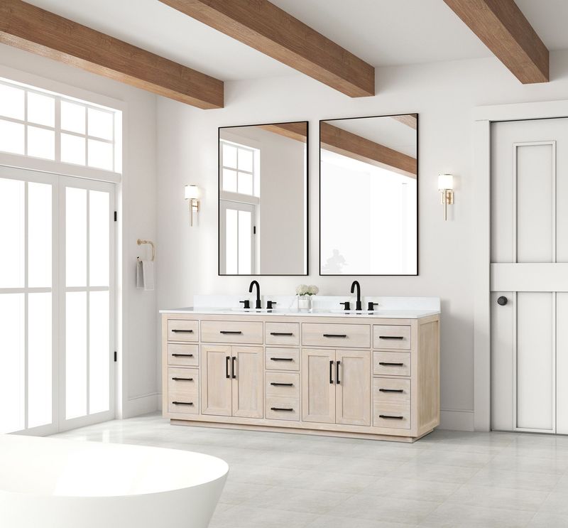 84" Bathroom Vanity With Double Sink, Modern Bathroom Vanity Set With Soft-Close Cabinet And 9 Drawers, Solid Wood Bathroom Storage Cabinet With Countertop And Backsplash, Milk Oak_voghion.com