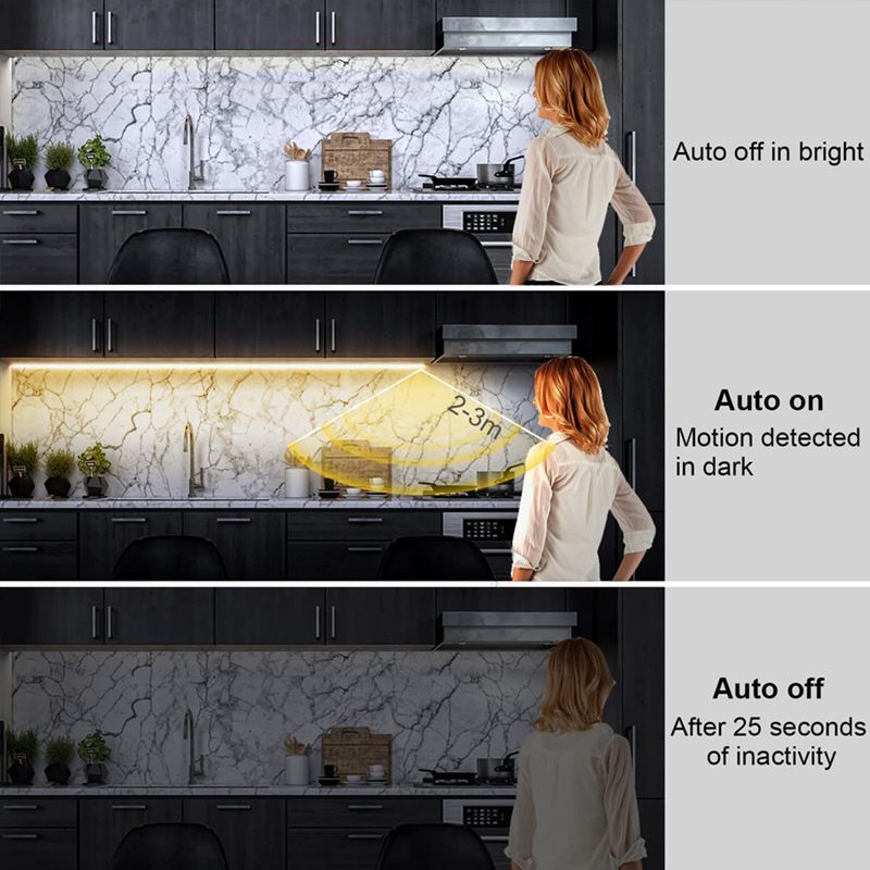 Tira de luces LED con sensor de movimiento, alimentada por USB y batería, 60 LED/m, detección de 120° para armarios, escaleras y gabinetes (longitud personalizada de 0,5 a 5 m)_voghion.com