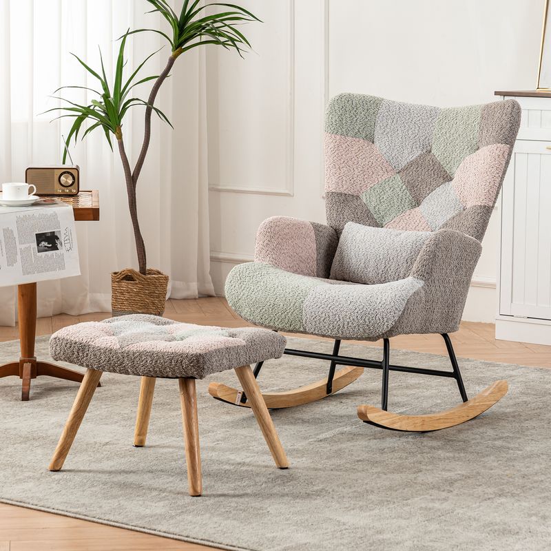 Fauteuil à bascule confortable et coloré, hauteur 93 cm, largeur d'assise 43 cm – Comprend 1 repose-pieds (49 x 38 x 37 cm) et 1 coussin lombaire, cadre robuste en bois d'hévéa, design multicolore, chaise longue_voghion.com