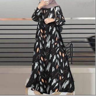 Abbigliamento da donna Elegante abito a maniche lunghe con stampa floreale per donna musulmana - Abito lungo a trapezio modesto con scollo rotondo e maniche a sbuffo - Disponibile_voghion.com