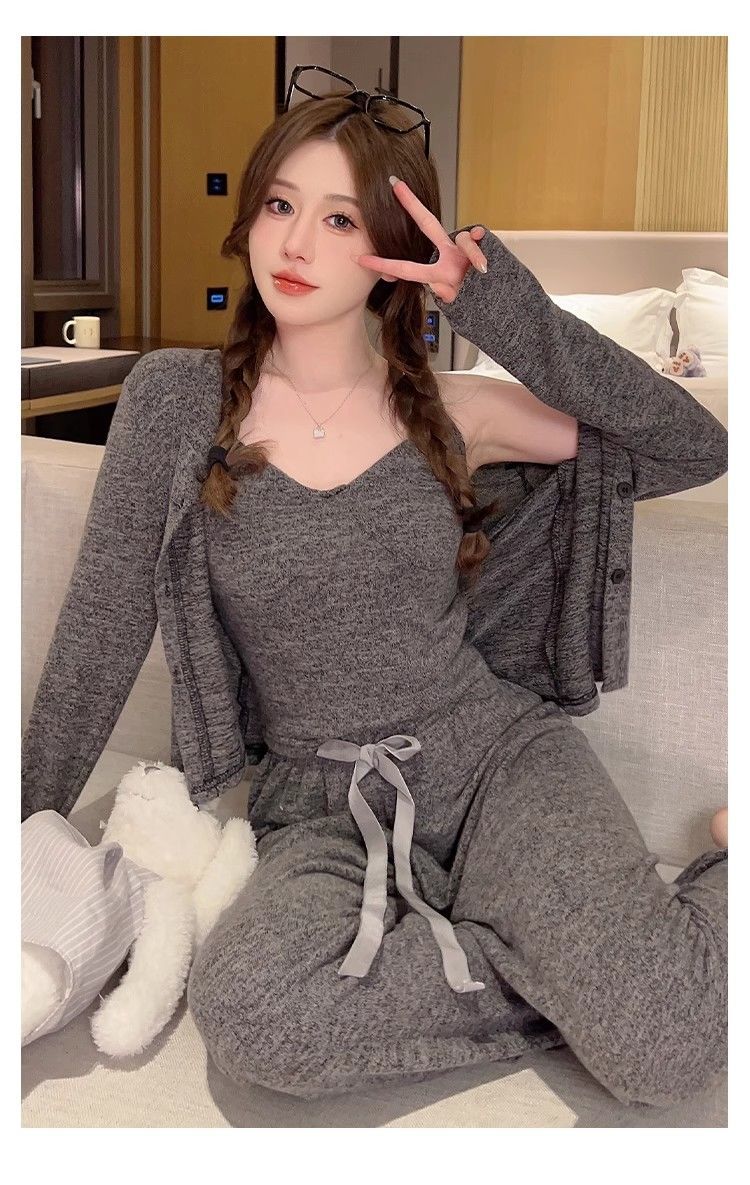 Sexy Pyjamas Für Frauen Frühling Und Herbst Langarm Drei-Stück Set 2025 Neue Mit Brust Pads Winter Homewear Gestrickte_voghion.com