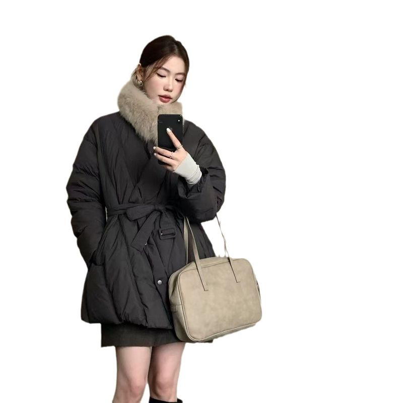 Winter New Design Pinghu Down Jacket Women's Neck, Hairy Collar, Waist Strap, Ladies' Style Coat_voghion.com