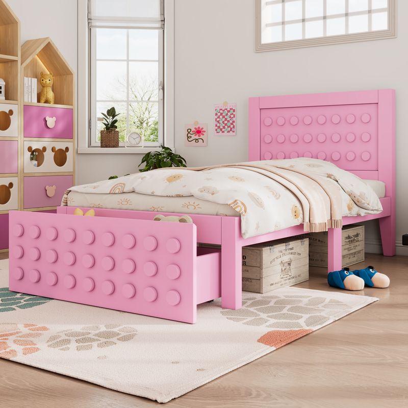 Holzbett 90x190cm Mit Blockdesign, Massivholz, Schubladen, Stauraum, Rosa_voghion.com