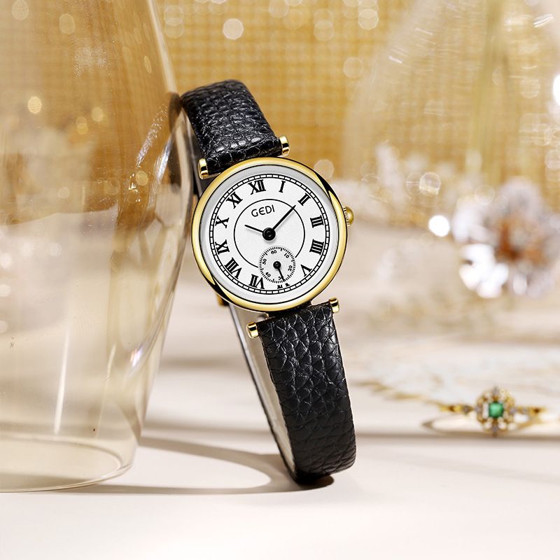 Goldie Simple Student High-End Kleine Sekunde Quarz für Frauen Nischenuhr mit Litschi-Narbenlederarmband_voghion.com
