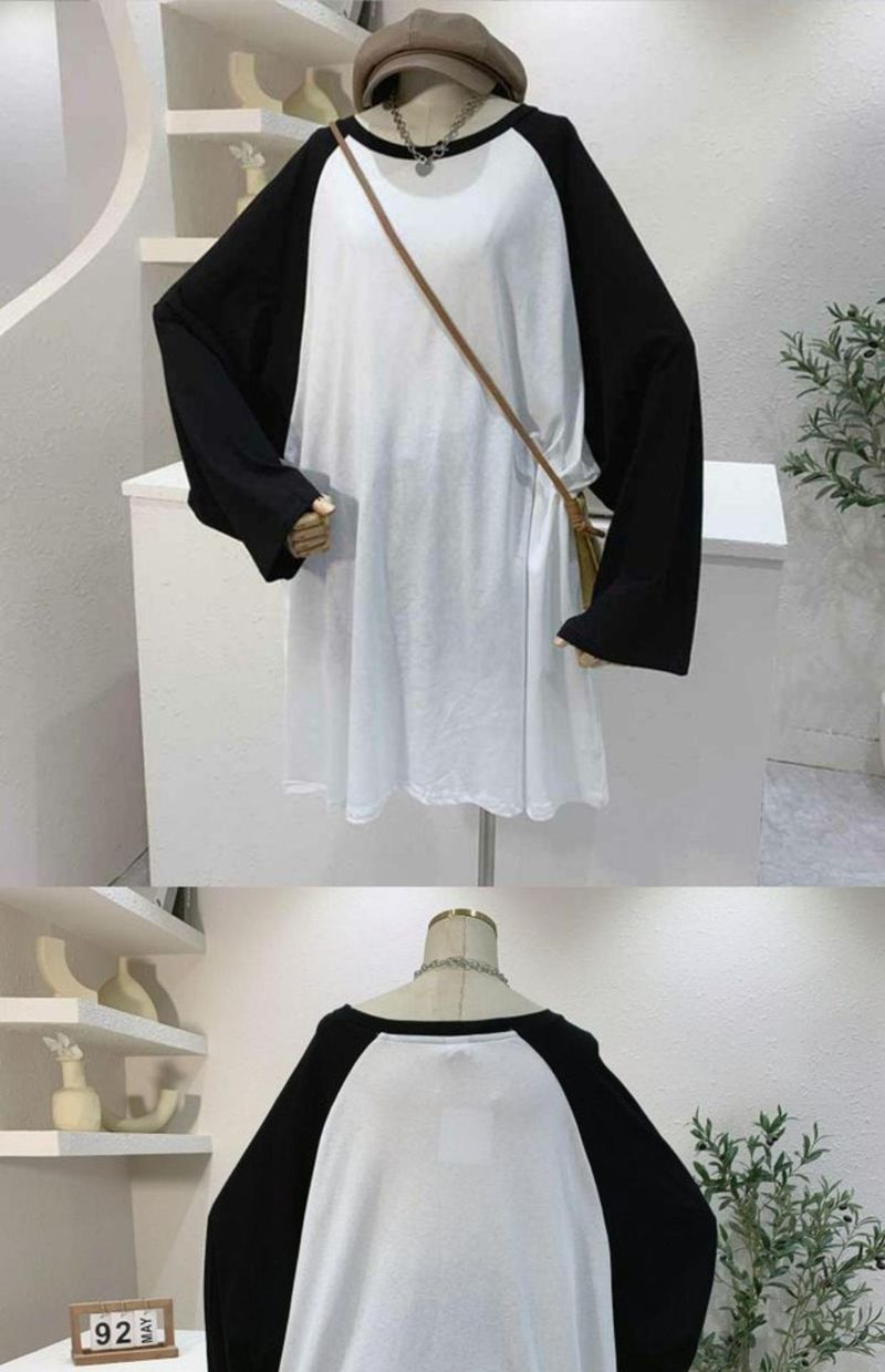 Dameskleding Splicing Contrast Kleur Lange Mouw T-shirt Vrouwelijke Losse Leeftijdsreductie 200 Jin T-shirt Rok Ins Trend_voghion.com