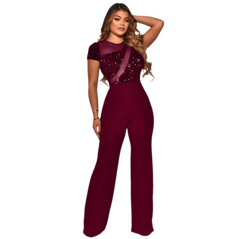 Women's Clothing Sequin Stitching Wide Leg Pants Short Sleeved Jumpsuit_voghion.com