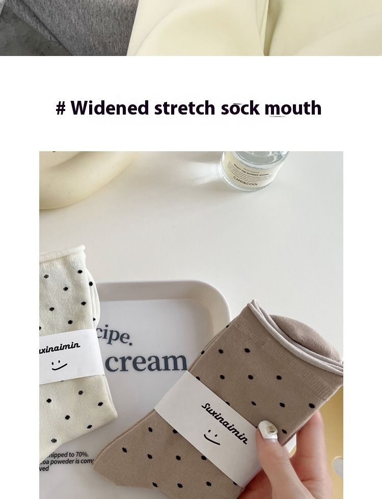 Chaussettes mi-tubes respirantes en pur coton à pois à bords roulés et crème tendance pour l'automne et l'hiver_voghion.com