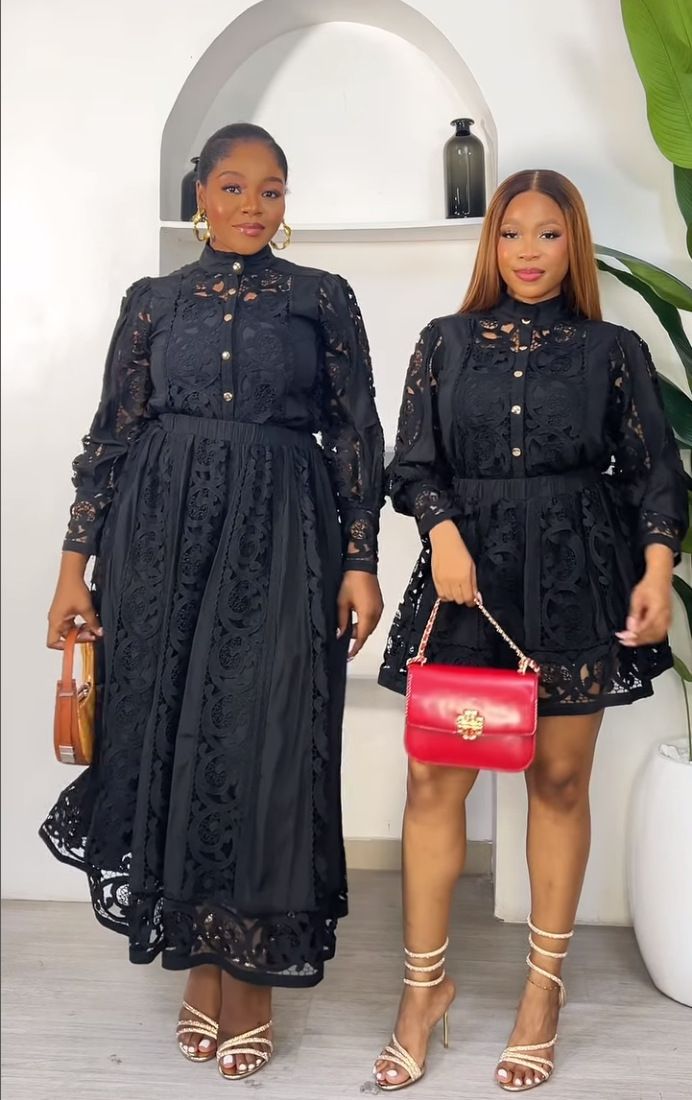 Abbigliamento da donna Camicia a maniche a lanterna in pizzo con gancio cavo a strati con canotta + gonna a vita alta_voghion.com