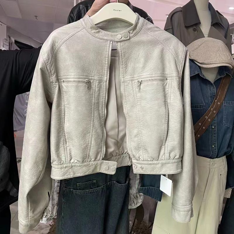 2024 Spring New Women's With Small Stand Collar, Black Trendy Cool Fashionable Short Washed Motorcycle Leather Jacket_voghion.com