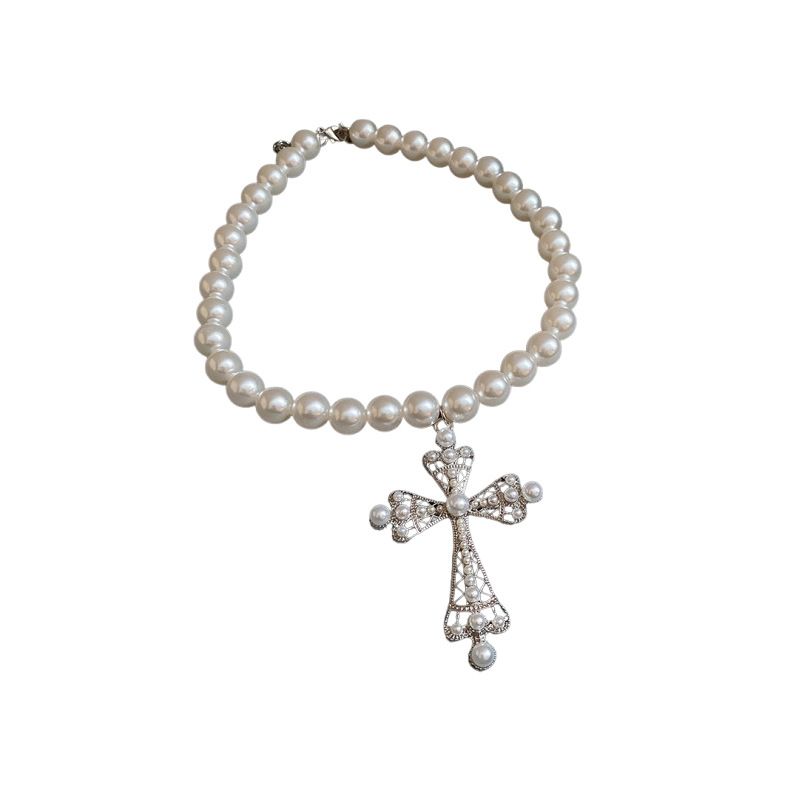 Ciondolo a croce, collana di perle, impilata, design di nicchia, catena per clavicola, alla moda, lusso leggero, versatile_voghion.com