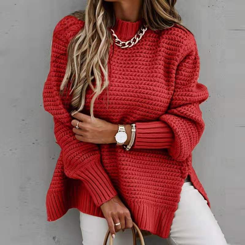 Damenbekleidung, gedrehter Faden, lockerer, halbhoher Kragen, dicker Retro-Strickpullover aus Wolle, vorne kurz und hinten lang_voghion.com