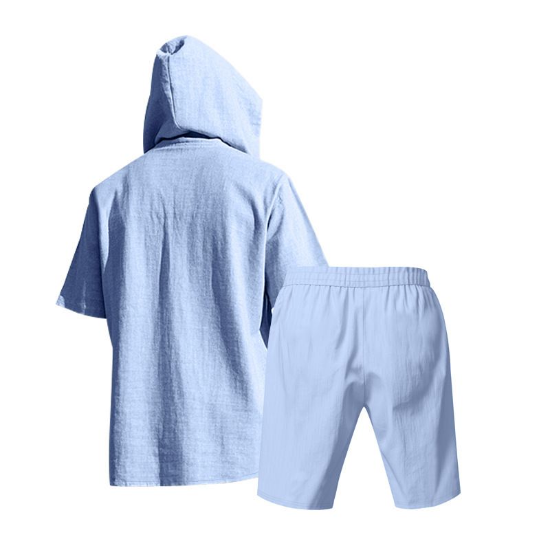 Completo da uomo in lino con camicia e pantaloncini - Completo casual estivo da spiaggia a maniche corte con vestibilità ampia_voghion.com